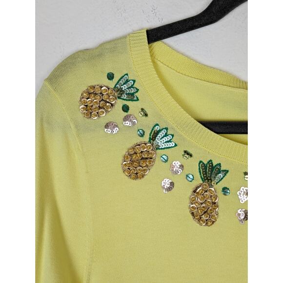 Talbots Sweater Pineapple Beaded Sequins Spring Summer Yellow Novelty Size M - Picture 3 of 15